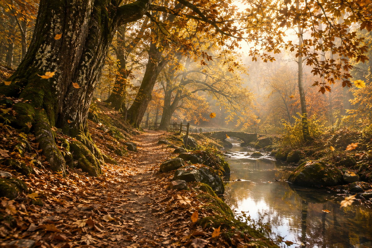Serene autumn forest path with golden light and falling leaves