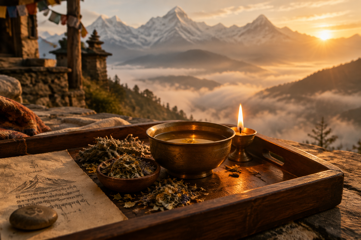 A serene Himalayan morning ritual scene with warm golden light, brass oil bowl and herbs