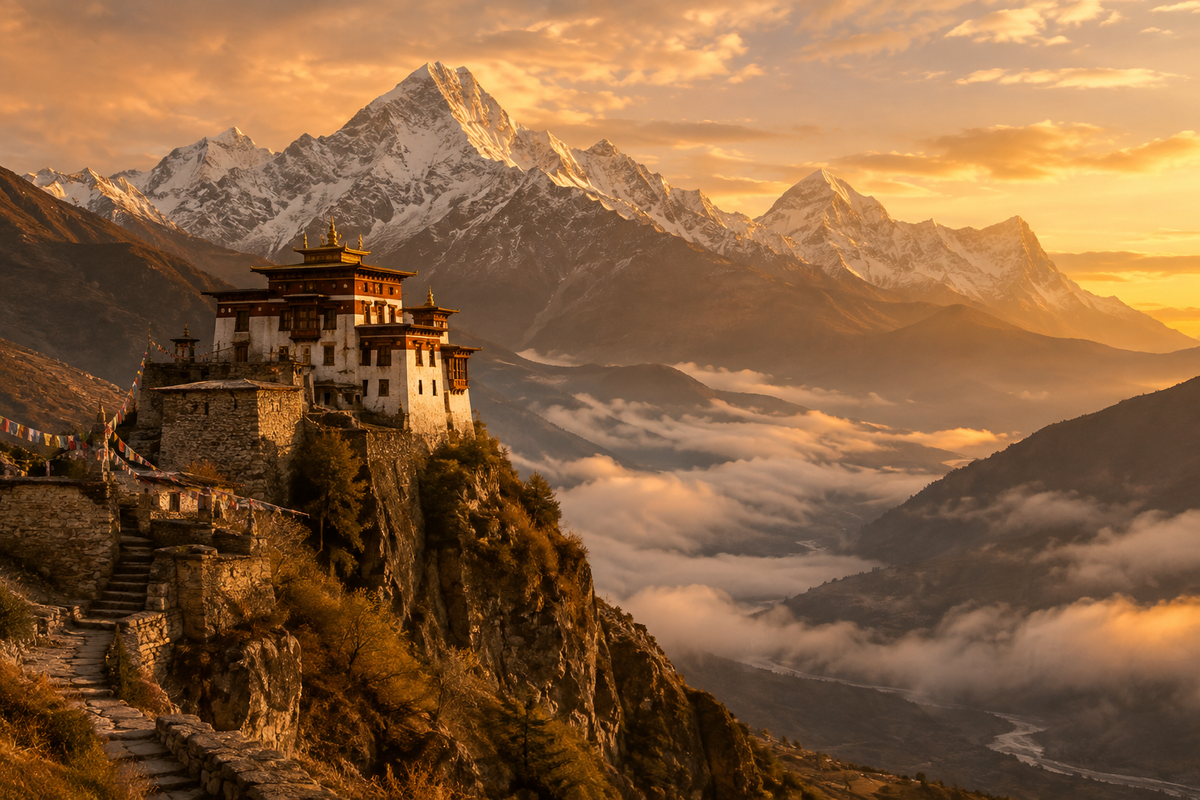 Majestic Himalayan mountain peaks at golden hour with ancient monastery in the mist