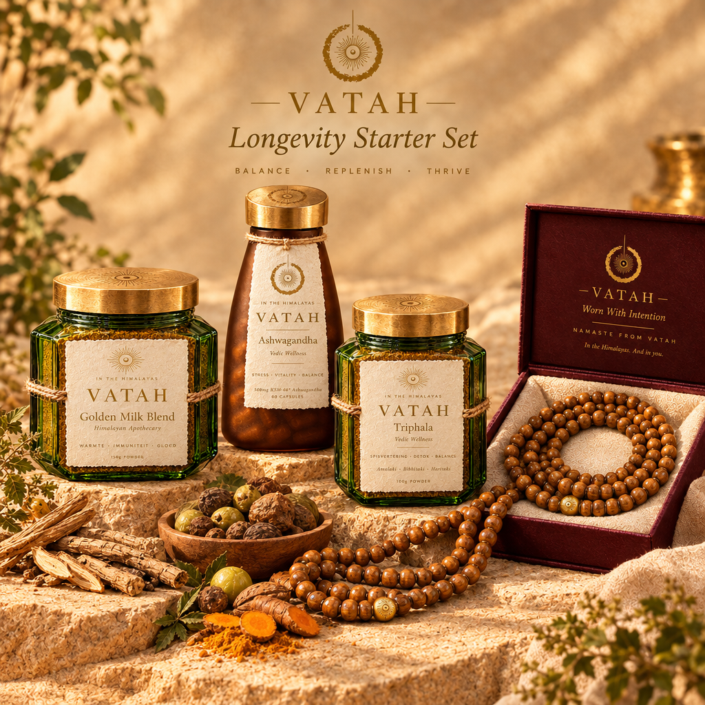VATAH Longevity Starter Set — Ashwagandha, Triphala, Golden Milk and Mala
