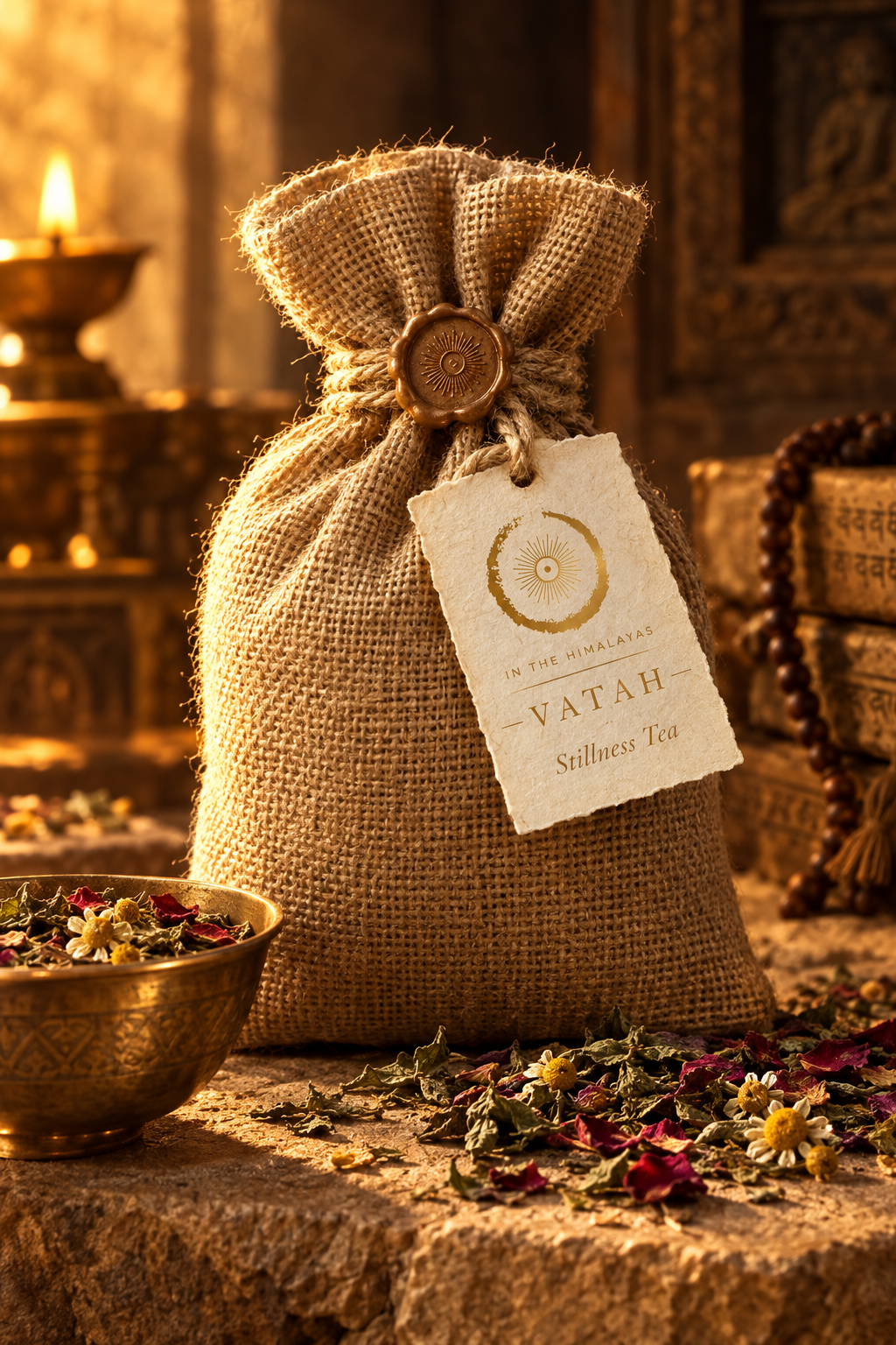 VATAH Stillness Tea — rustic Himalayan jute pouch front with rope and tag