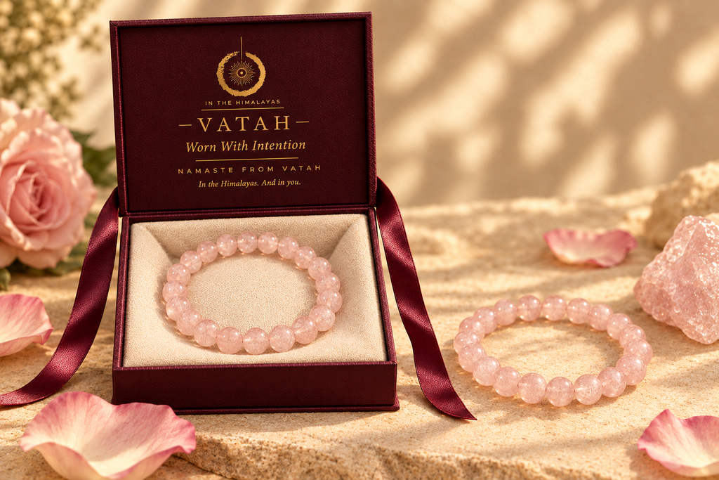 VATAH Rose Quartz Bracelet — gift box open